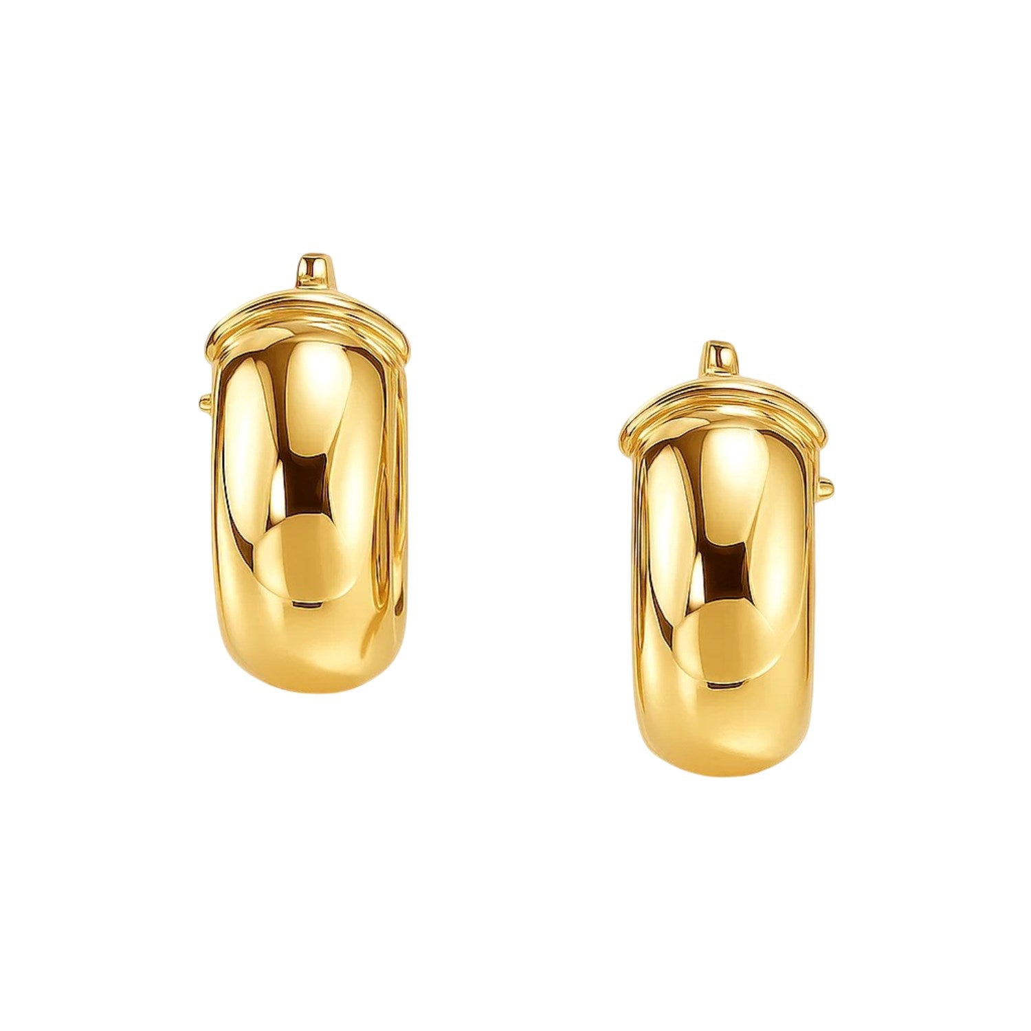 14k Yellow Gold Wide Small Hoop Earrings with Snap Lock in a sleek high-contrast midnight luxury editorial style